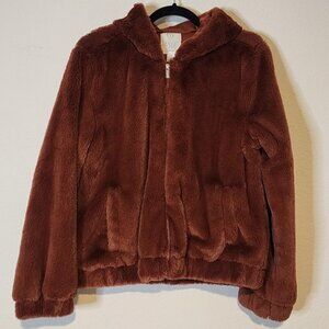 Full Tilt - Rust Faux Fur Jacket with Hood and Two Front Pockets - Size: X-large